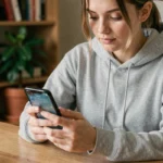 Jeune femme créant un compte Instagram anonyme sur son smartphone dans un bureau à domicile, protégeant sa vie privée en ligne