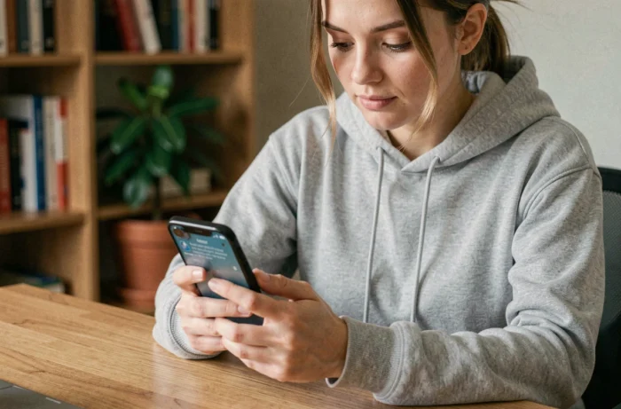 Jeune femme créant un compte Instagram anonyme sur son smartphone dans un bureau à domicile, protégeant sa vie privée en ligne