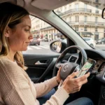 Conductrice consultant une application de trafic en temps réel sur son smartphone monté dans une voiture à Rennes