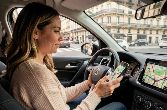 Conductrice consultant une application de trafic en temps réel sur son smartphone monté dans une voiture à Rennes