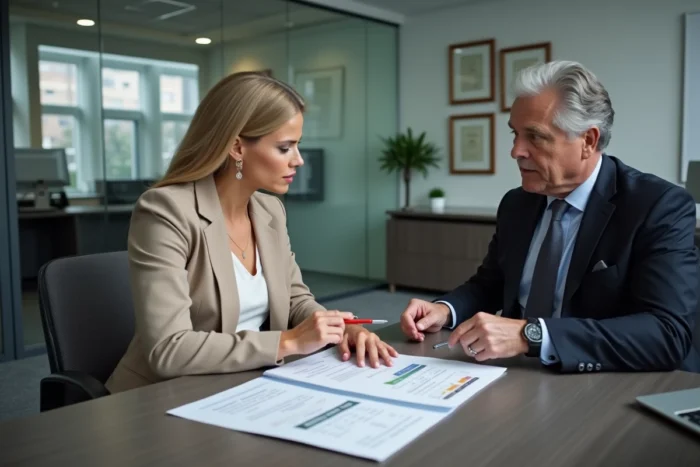 Femme consultant un conseiller bancaire pour financer son projet d'achat immobilier