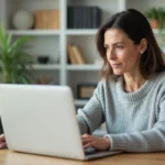 Femme consultant ses résultats d'analyse médicale Biofutur en ligne sur un ordinateur portable depuis son bureau à domicile