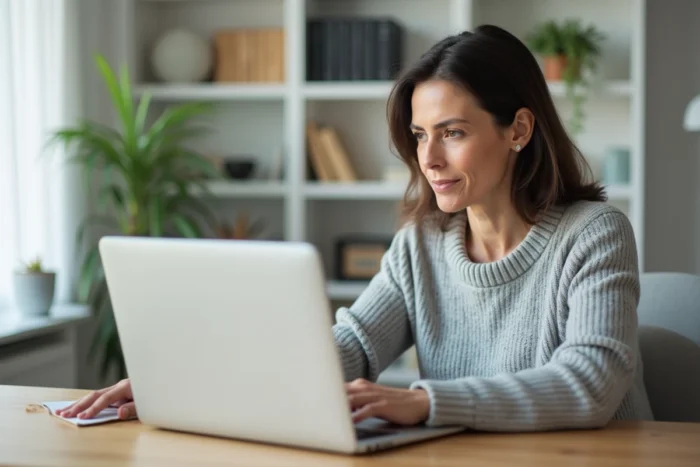 Femme consultant ses résultats d'analyse médicale Biofutur en ligne sur un ordinateur portable depuis son bureau à domicile