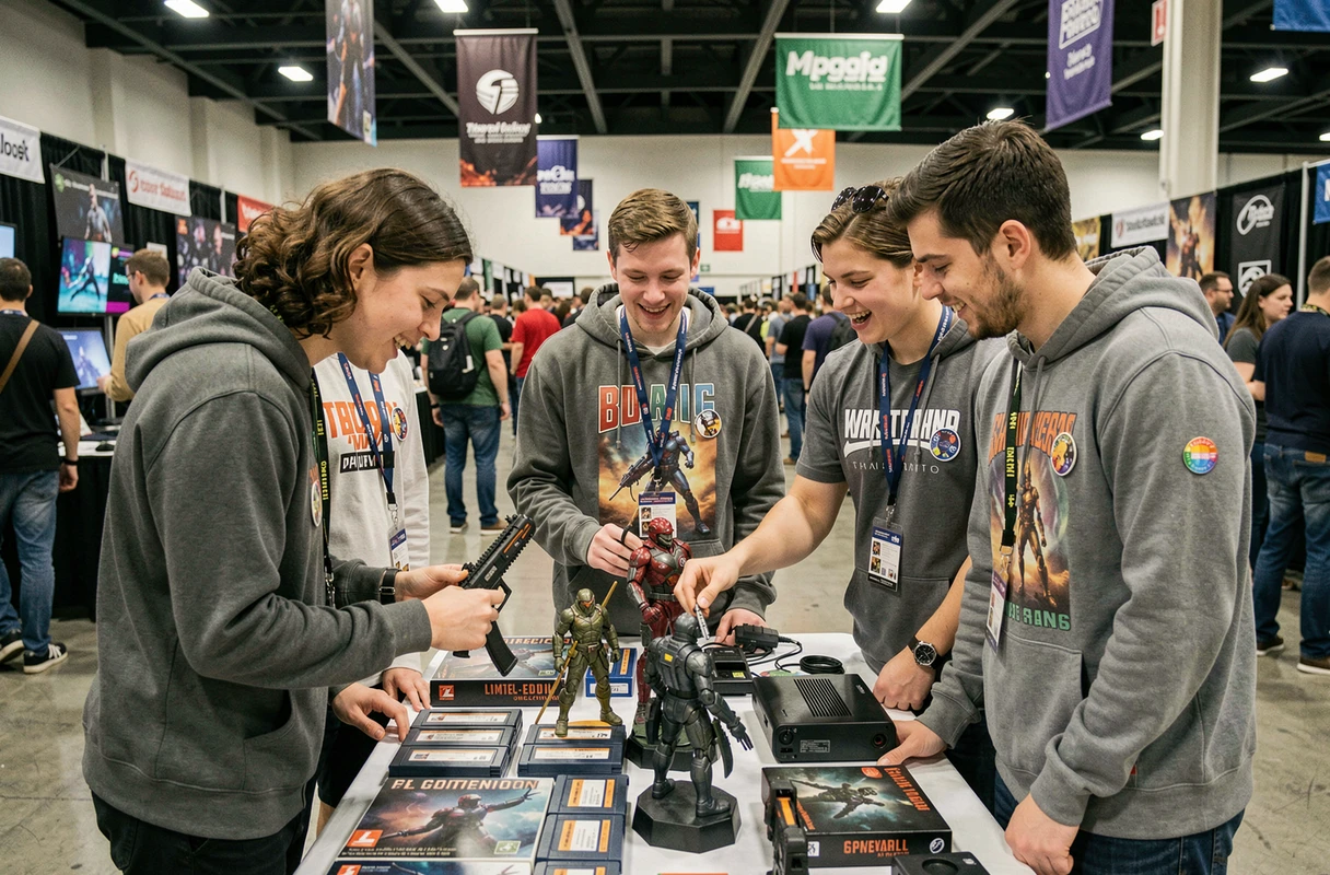 Groupe de passionnés de culture geek explorant des figurines et gadgets rétro lors d'une convention technologique et pop culture en intérieur