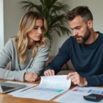 Couple étudiant leur budget achat immobilier autour d'une table avec documents et calculatrice