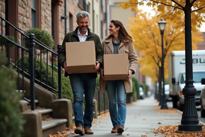 Couple souriant portant un carton de déménagement devant un immeuble en pierre dans une rue résidentielle calme