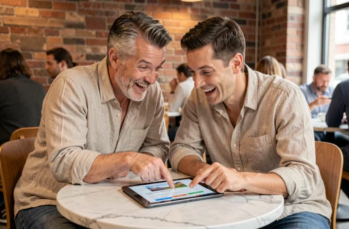 Couple utilisant une tablette pour comparer des offres de voyage dans un café moderne
