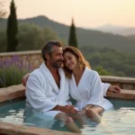 Couple en robes blanches dans un jacuzzi extérieur en bois sur une terrasse en pierre avec vue sur la campagne provençale
