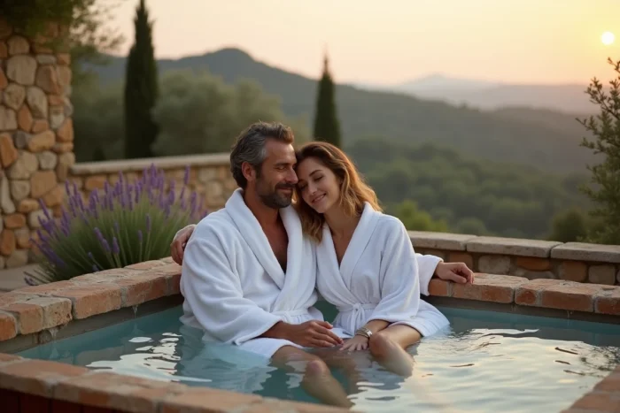Couple en robes blanches dans un jacuzzi extérieur en bois sur une terrasse en pierre avec vue sur la campagne provençale