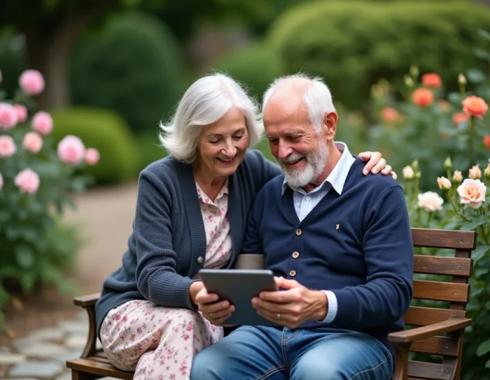 Couple de retraités heureux dans leur jardin consultant une tablette pour préparer leur vieillesse à domicile