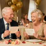 Couple de personnes âgées riant ensemble lors d'un dîner de noces d'or avec discours humoristique