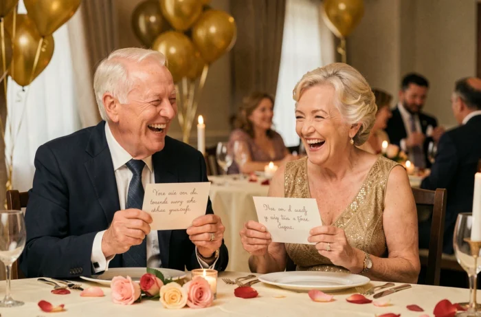 Couple de personnes âgées riant ensemble lors d'un dîner de noces d'or avec discours humoristique