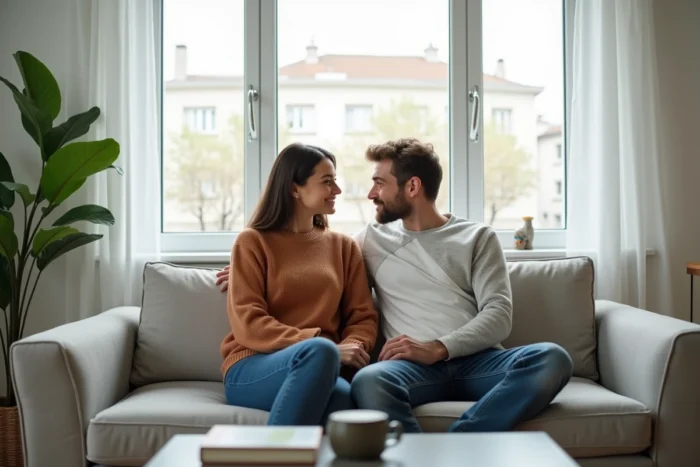 Couple assis ensemble sur un canapé dans un appartement moderne, illustrant l'intimité et la vie de couple d'une personnalité médiatique