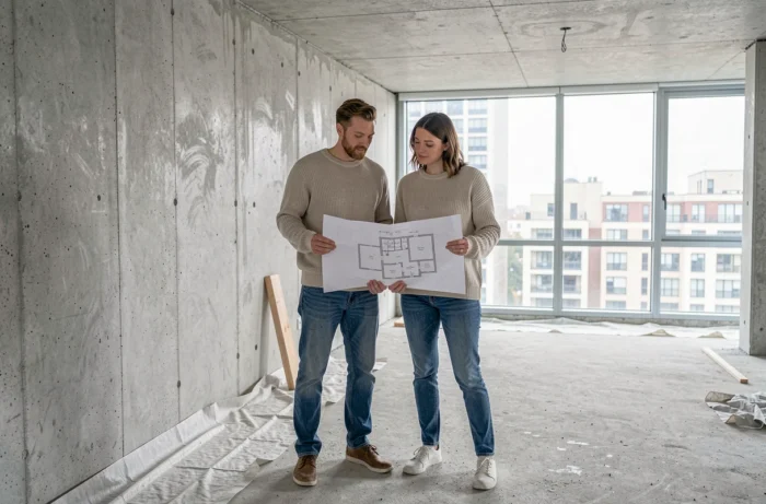 Couple inspectant un appartement en rénovation avec des plans en main lors d'une visite de chantier immobilier
