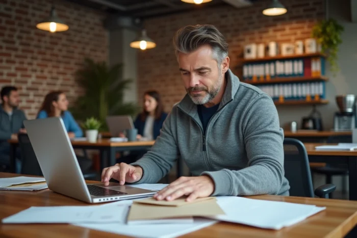 Homme triant son courrier domicilié dans un espace de coworking avec adresse postale