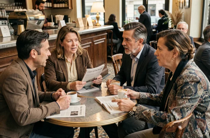 Groupe de personnes discutant d'un mariage médiatique autour d'un café dans une brasserie parisienne traditionnelle