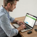 Homme effectuant une déclaration de cession de véhicule en ligne sur un ordinateur portable depuis son bureau à domicile