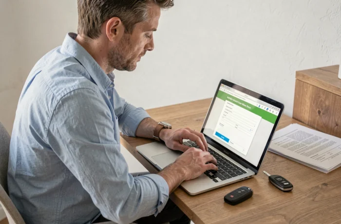 Homme effectuant une déclaration de cession de véhicule en ligne sur un ordinateur portable depuis son bureau à domicile
