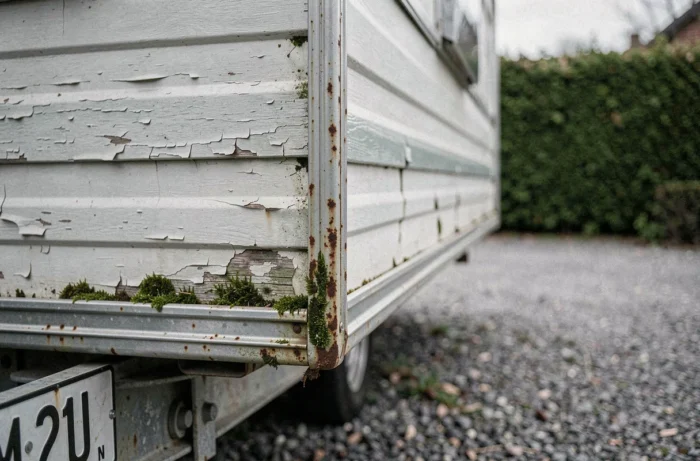 Détail de la façade vieillissante d'un mobil-home avec peinture écaillée et châssis rouillé, illustrant l'état d'un mobile home de plus de 20 ans en Belgique