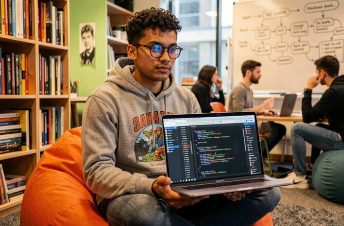 Jeune développeur freelance explorant les dernières tendances web et technologiques de 2024 dans un espace de coworking