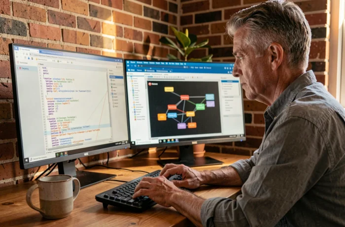 Développeur web consultant un fichier XML de sitemap et un outil de visualisation de crawl sur double écran dans un bureau à domicile
