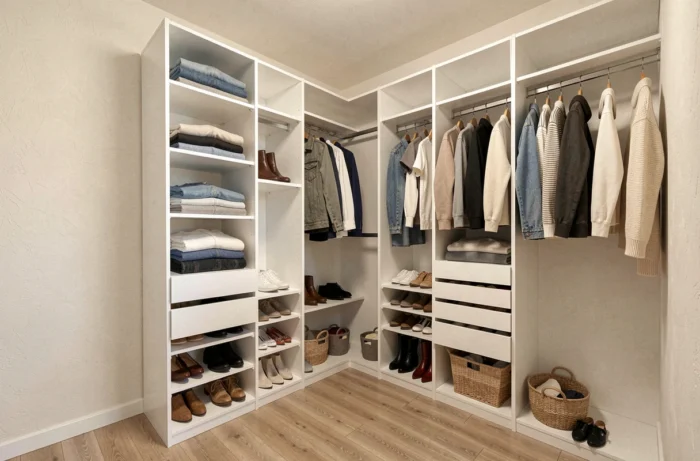 Dressing modulable blanc Brico Dépôt avec étagères ouvertes, penderie et tiroirs organisés dans une chambre moderne