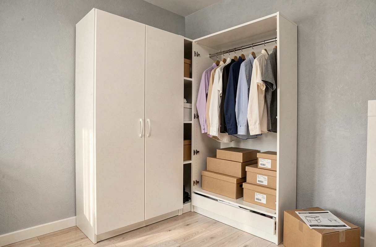 Dressing en kit monté dans un coin de chambre avec portes blanches et compartiments ouverts pour rangement optimal