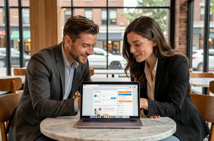 Deux professionnels discutant d'opportunités d'emploi sur une plateforme en ligne dans un café moderne et lumineux