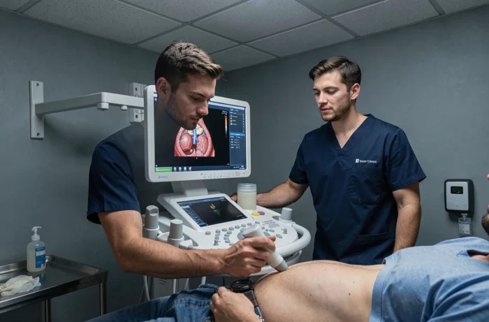 Échographiste utilisant une sonde d'échographe sur un patient dans une salle de radiologie hospitalière