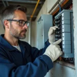 Électricien examinant un tableau électrique avec disjoncteurs de type A et AC dans une salle technique
