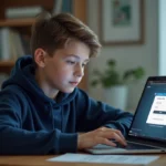 Adolescent connecté à son espace élève Pronote sur un ordinateur portable dans sa chambre