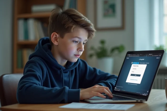 Adolescent connecté à son espace élève Pronote sur un ordinateur portable dans sa chambre