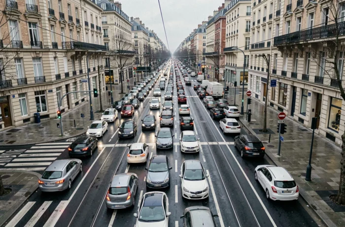 Vue aérienne d'une intersection urbaine embouteillée à Rennes pendant les heures de pointe du matin