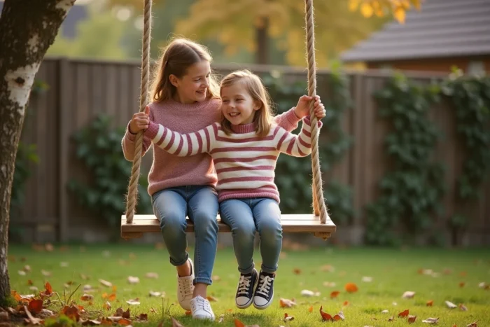 Deux jeunes filles jouant sur une balançoire en bois suspendue entre des bouleaux dans un jardin en automne