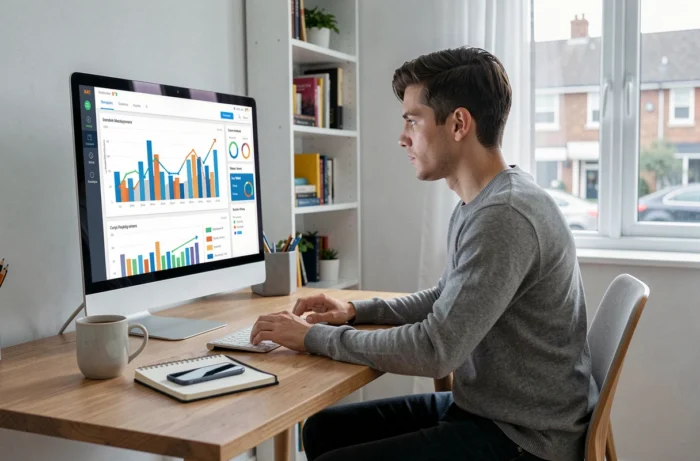 Jeune entrepreneur analysant des performances marketing sur un écran dans un bureau à domicile