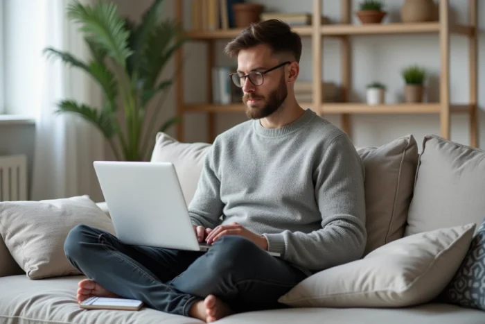 Jeune entrepreneur travaillant sur une stratégie marketing en ligne depuis son bureau à domicile avec un ordinateur portable