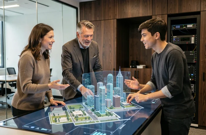Équipe d'architectes collaborant autour d'une table interactive avec modélisation 3D urbaine dans un bureau d'architecture contemporain