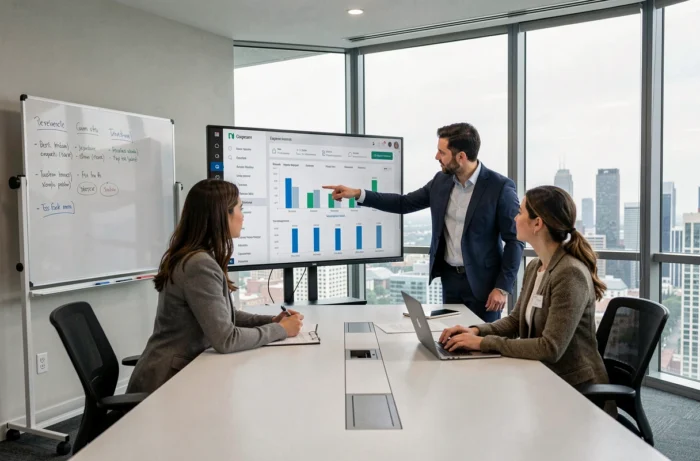 Équipe financière analysant un tableau de bord de gestion des notes de frais en salle de réunion