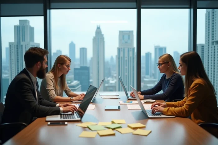 Équipe professionnelle en réunion collaborant sur des stratégies de développement et de croissance d'entreprise