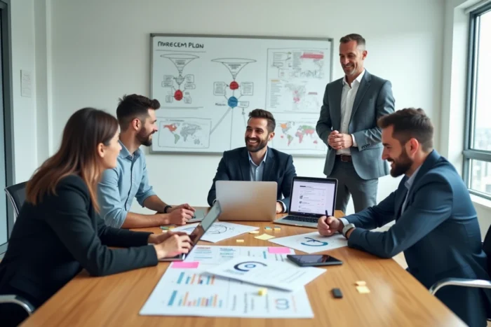 Équipe marketing collaborant autour d'une table sur une stratégie digitale avec plans et tableaux de bord numériques