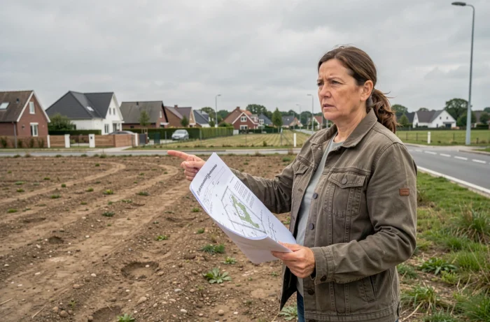 Une femme consulte un plan local d'urbanisme debout sur un terrain à bâtir en zone péri-urbaine