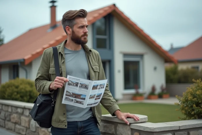 Homme évaluant une maison à vendre avec une fiche descriptive immobilière en main