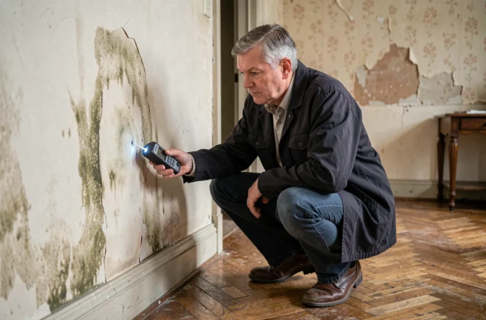 Un expert immobilier indépendant inspecte un mur avec un détecteur d'humidité dans un appartement ancien