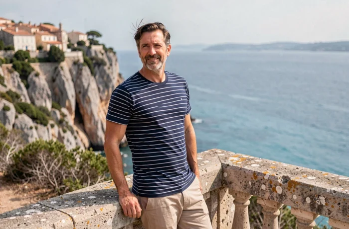 Homme en marinière bretonne sur une falaise rocheuse surplombant la mer turquoise de la Côte d'Azur