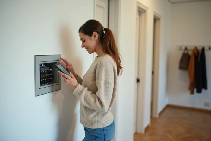 Femme consultant son téléphone devant un tableau électrique encastré dans un appartement moderne pour choisir entre disjoncteur A et AC