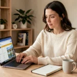 Femme comparant des sites de voyage sur un ordinateur portable dans un bureau à domicile chaleureux