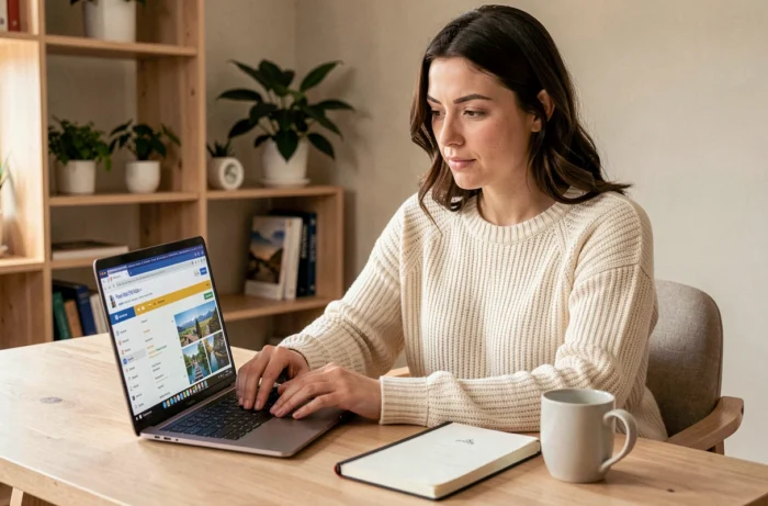 Femme comparant des sites de voyage sur un ordinateur portable dans un bureau à domicile chaleureux