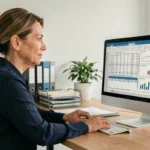 Femme comptable utilisant un logiciel de comptabilité Winbooks sur son ordinateur de bureau dans un bureau moderne