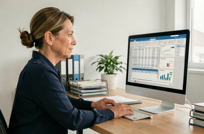 Femme comptable utilisant un logiciel de comptabilité Winbooks sur son ordinateur de bureau dans un bureau moderne