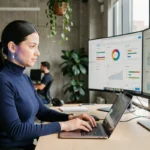 Femme développeuse travaillant sur les dernières tendances web 2024 dans un bureau tech moderne